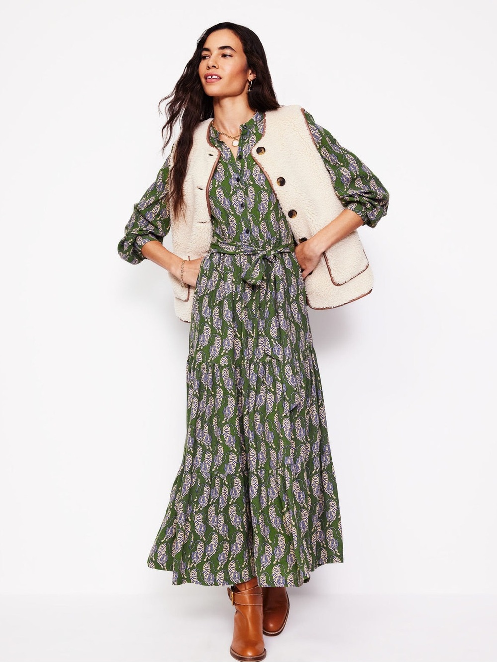 Boden Green Purple and Tan Tiger Print Maxi Dress with Tie Waist - Picture 2 of 11